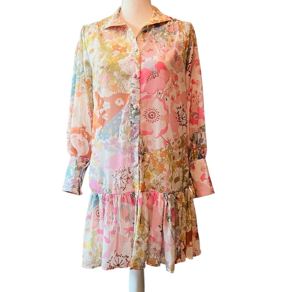 Pink Ripple Chic Long Sleeve Sheer Floral Dress in Pink and Cream Size Small - Picture 1 of 12